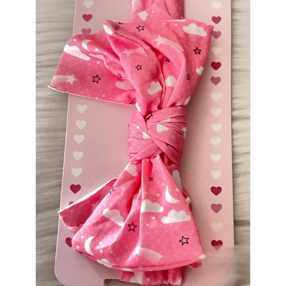 Baby Bow Bliss Pink knotted Headband Stretchy Soft Fabric White Celestial Print